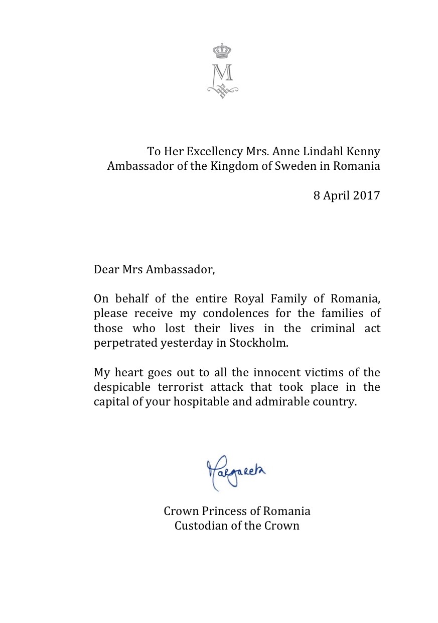 Crown Princess Margareta letter 8 April 2017